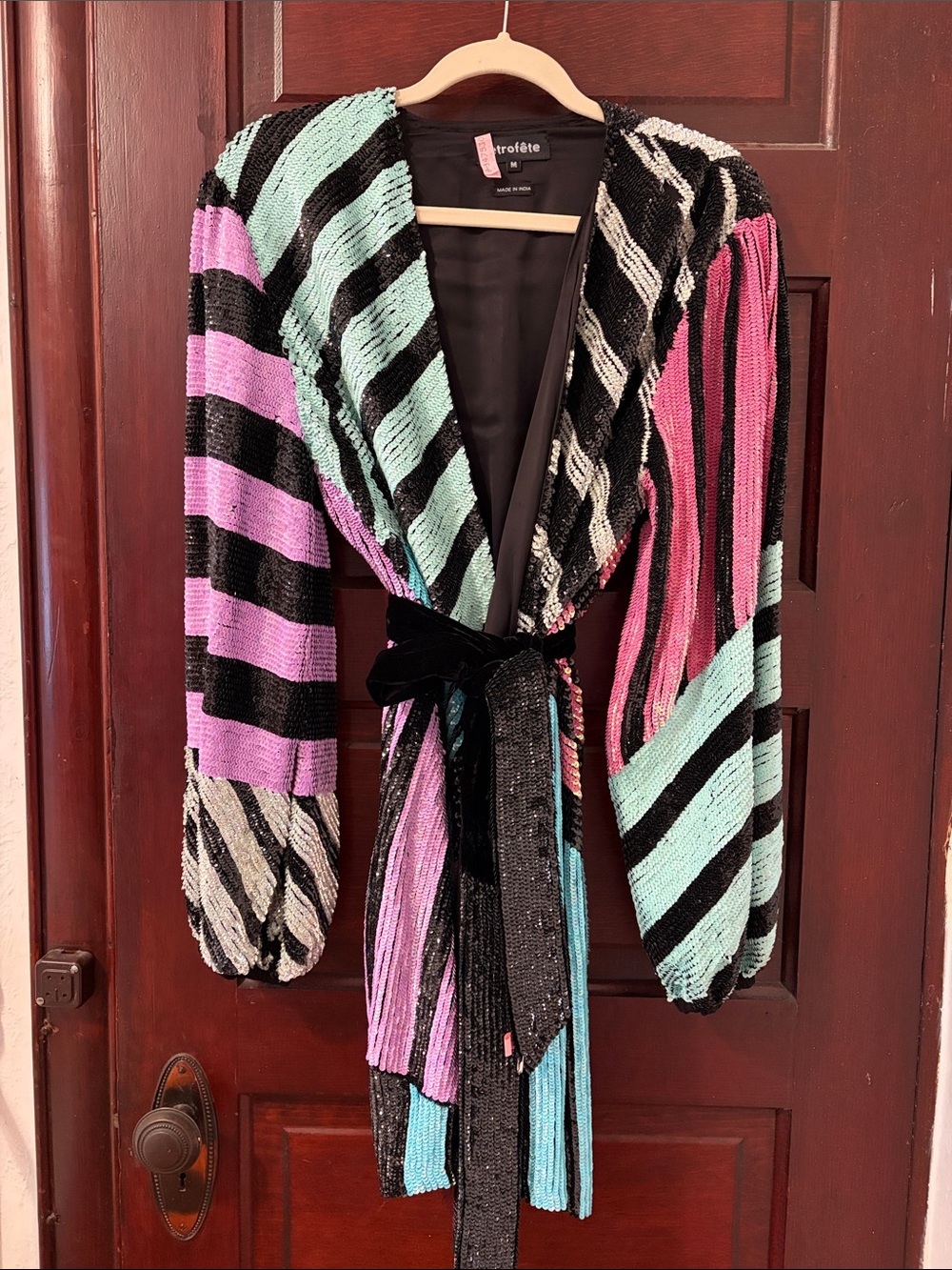 Retrofete Striped Sequin Robe in Black, Pink & Aqua